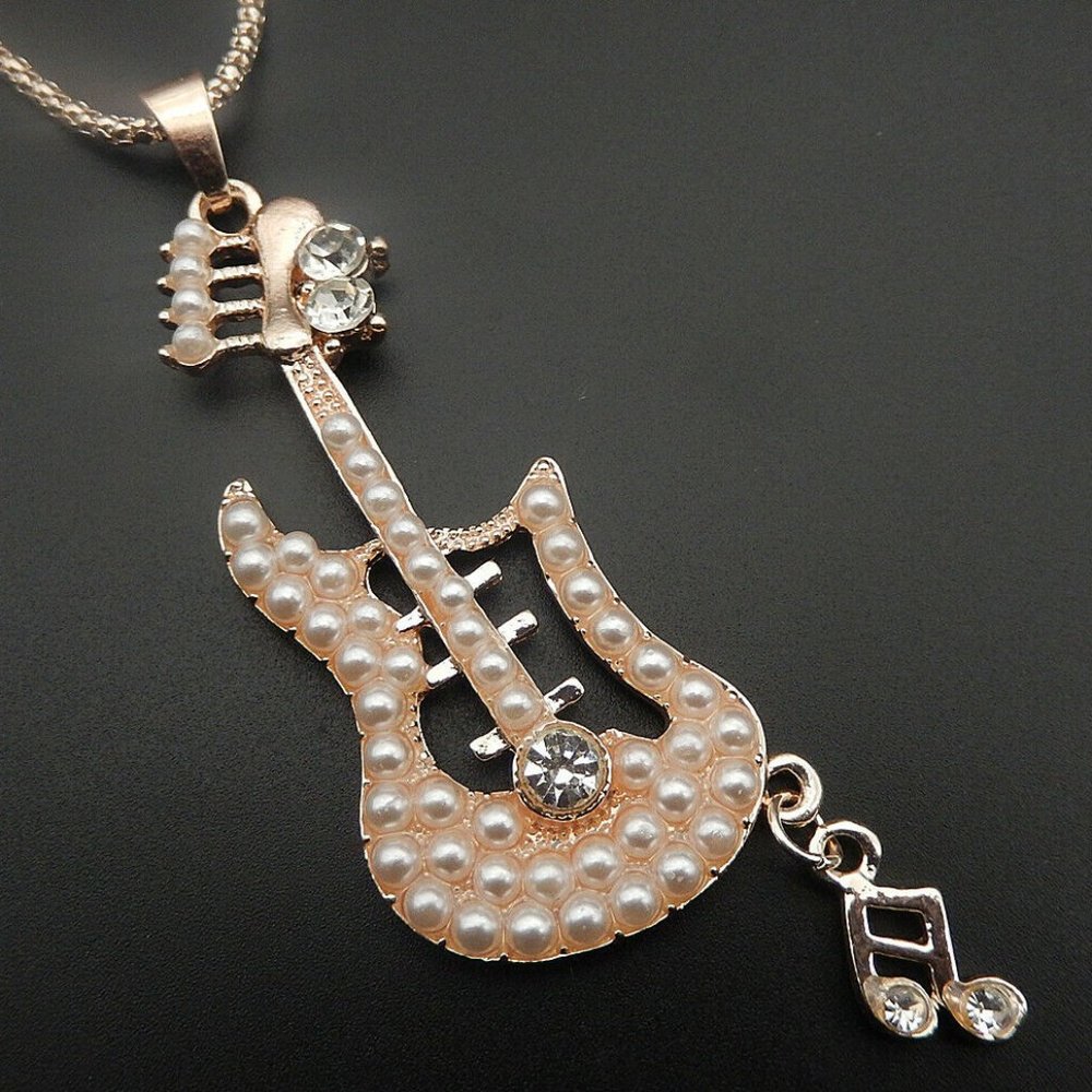 Pearl and Crystal GUITAR & Music Note NECKLACE 27" Chain